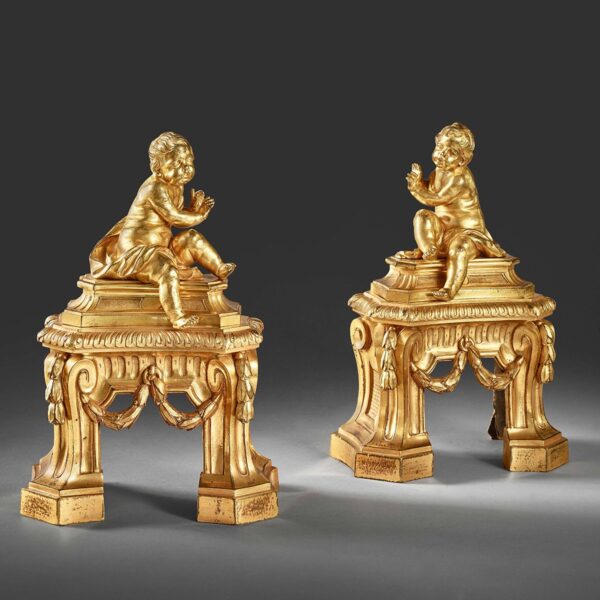 Pair of firedogs with chilly putti