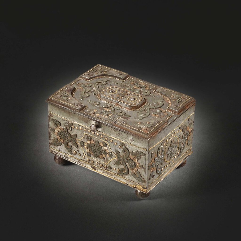 Polished steel, chased and gilt bronze casket enhenced with brass and pewter