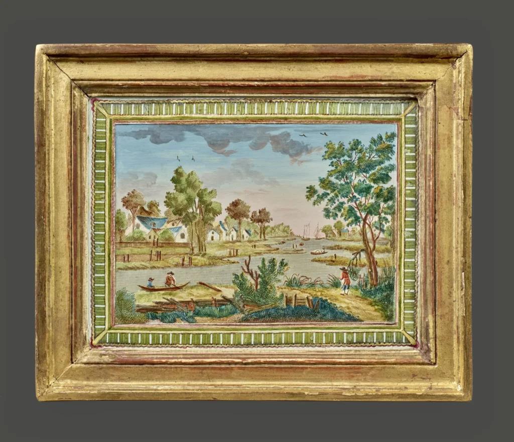 Compigné painting representing a riverside landscape