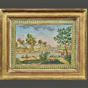 Compigné painting representing a riverside landscape