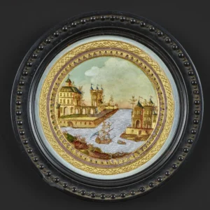 Compigné medallion painting representing a medieval nordic citadel