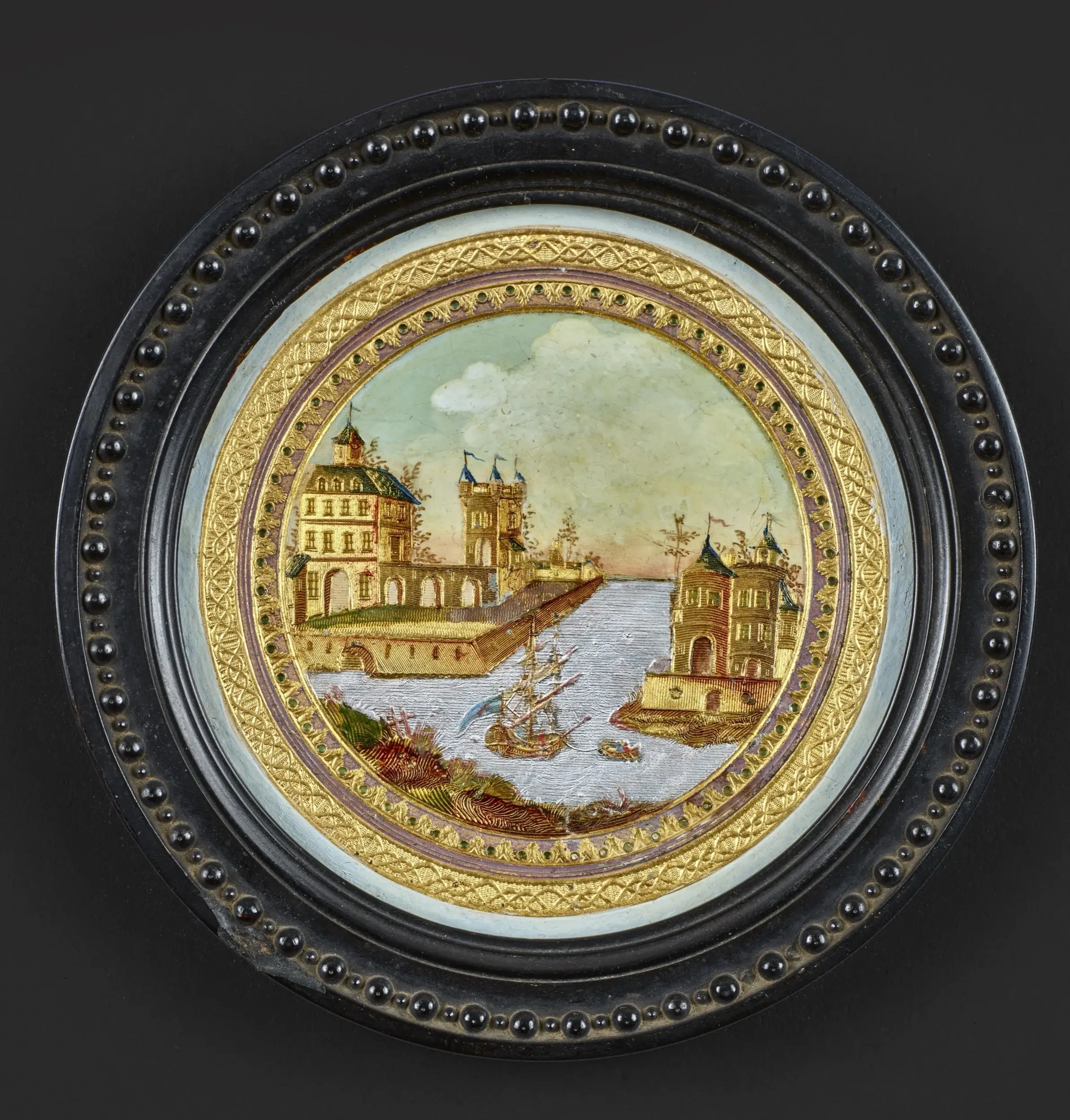Compigné medallion painting representing a medieval nordic citadel