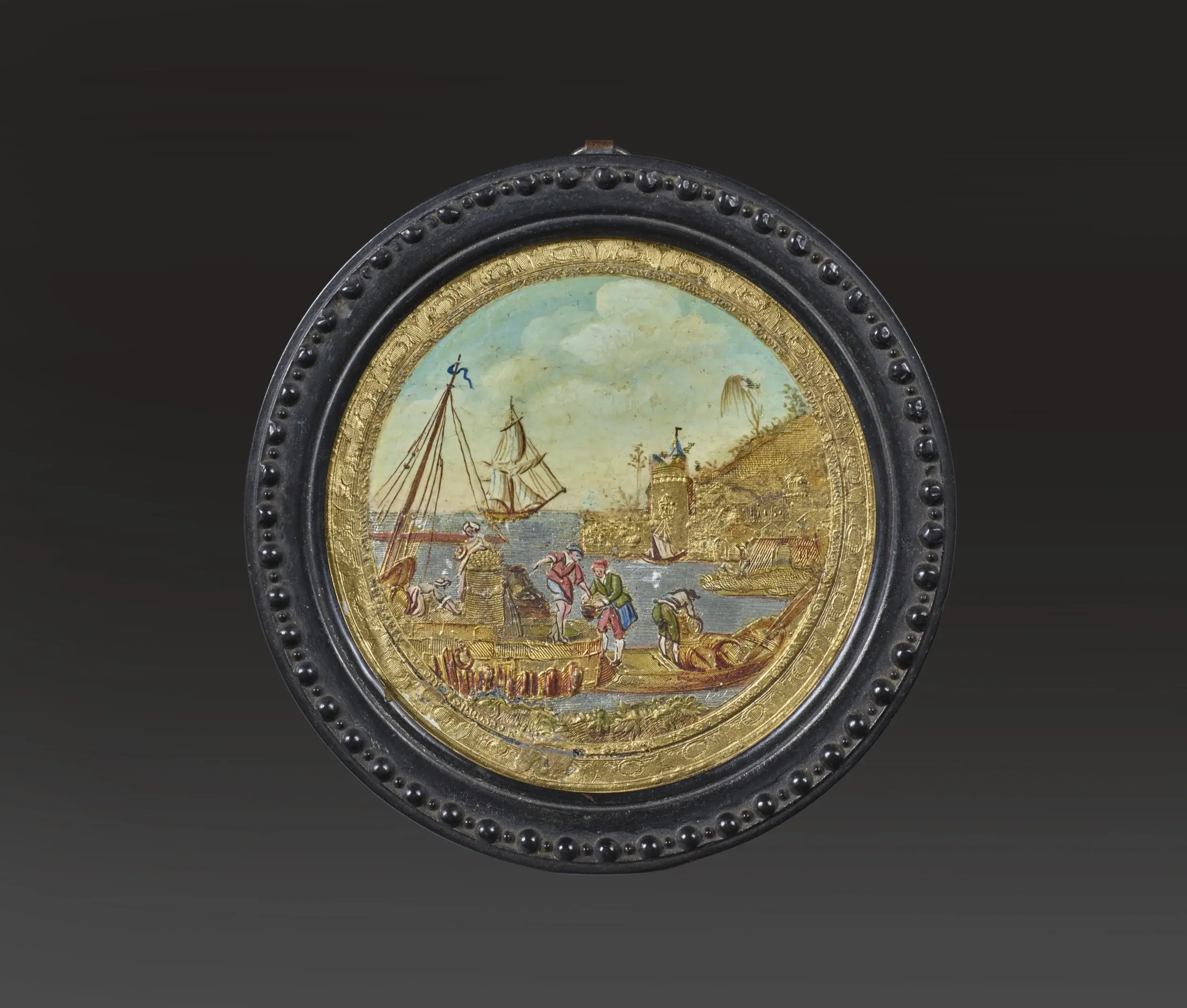 Painting in compigné view of the bustling harbor of Marseille