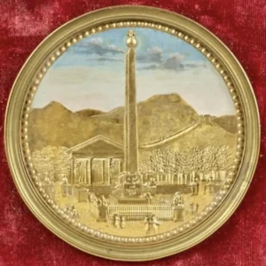 Pair of compigné medallions depicting a view of the port of Bordeaux and a view of the obelisk at Port-Vendres