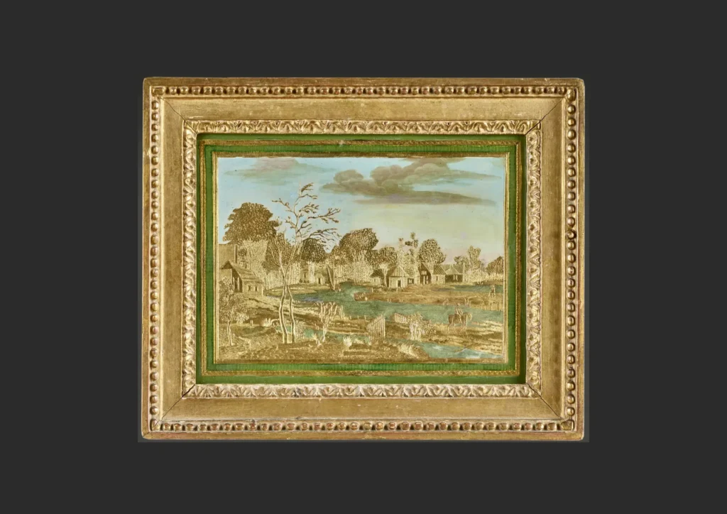 Pair of rectangular paintings in compigné representing a riverside landscape