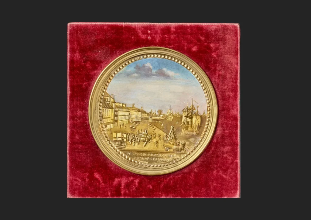 Tableau en Compigné représentant le port de Bordeaux vu du quai des Farines