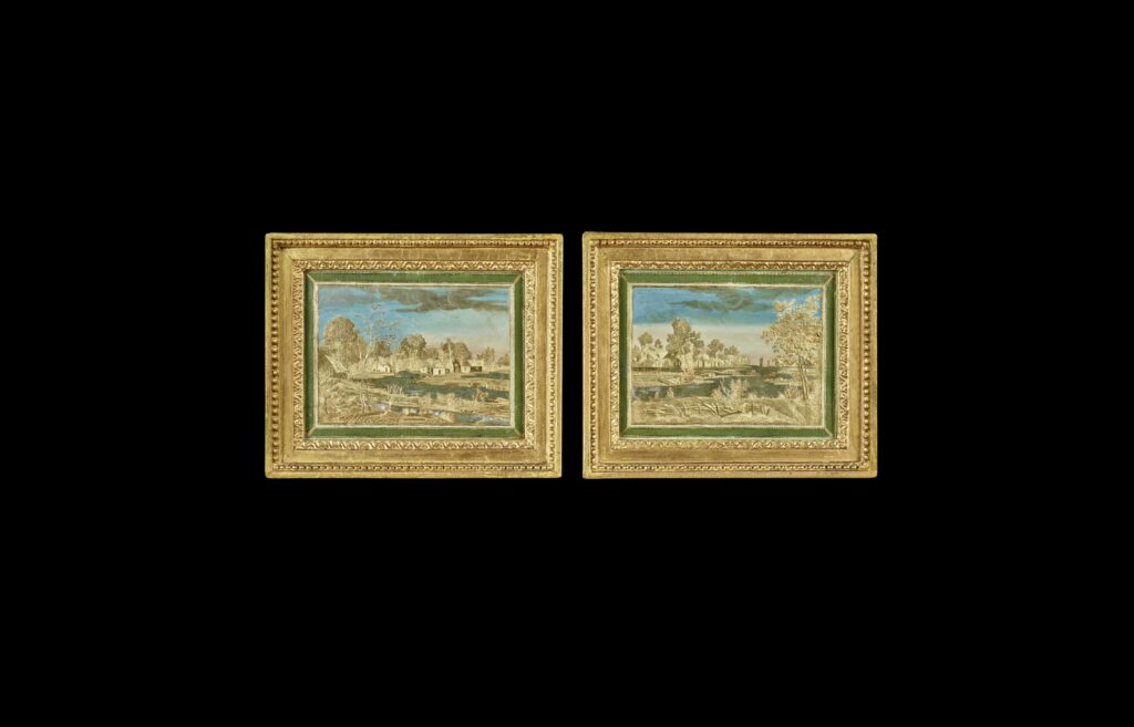 Paire de tableaux en Compigné représentant une vue des environs d’Utrecht et une vue du canal d’Ypres à Furnes