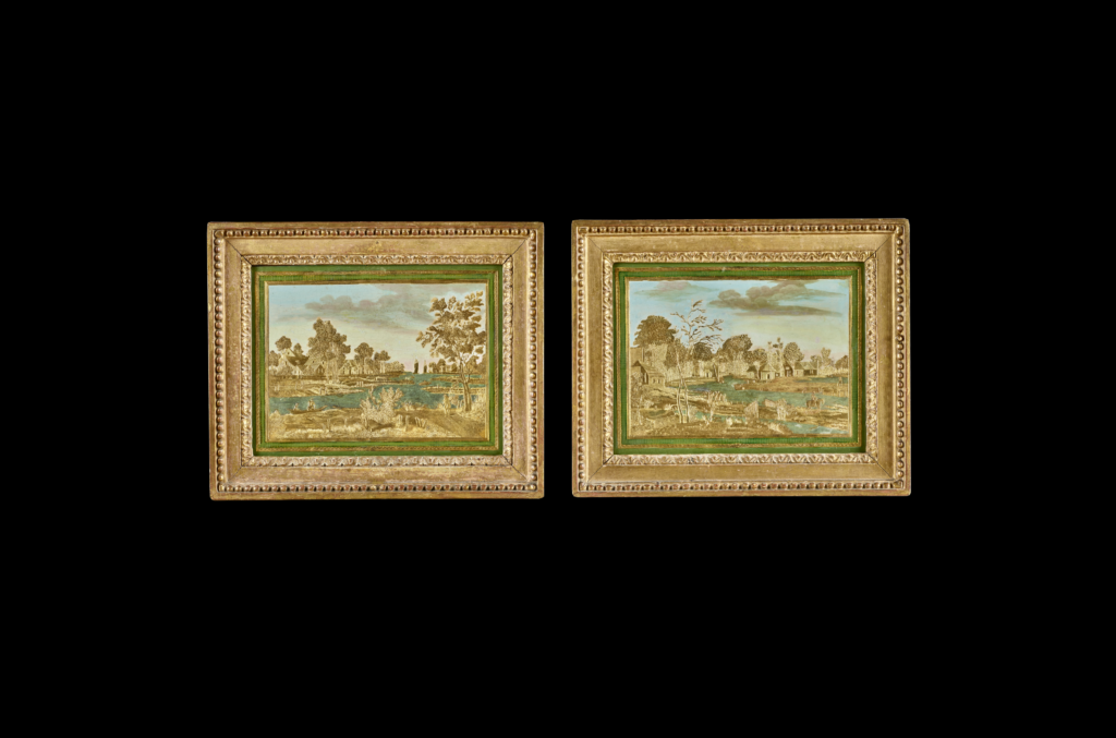 Paire de tableaux rectangulaires en Compigné représentant des bords de rivières