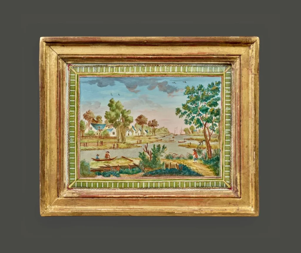 Compigné painting representing a riverside landscape