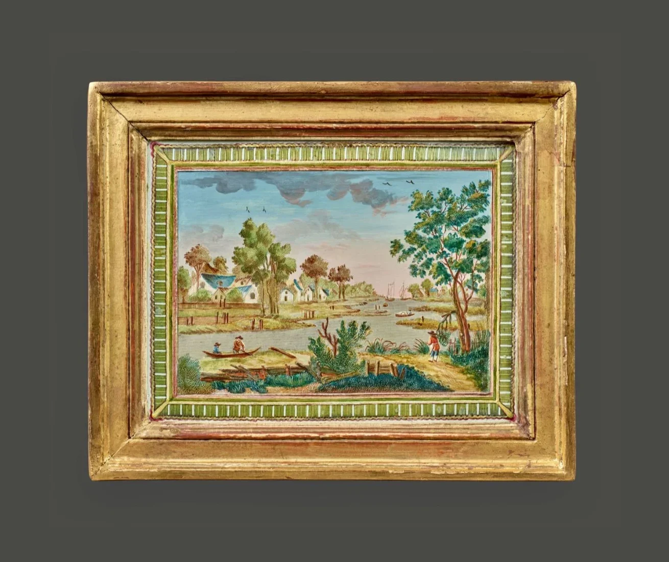 Compigné painting representing a riverside landscape