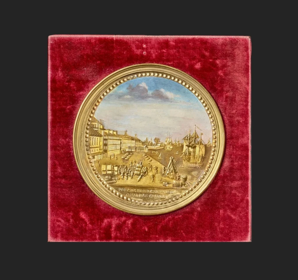 Tableau en Compigné représentant le port de Bordeaux vu du quai des Farines